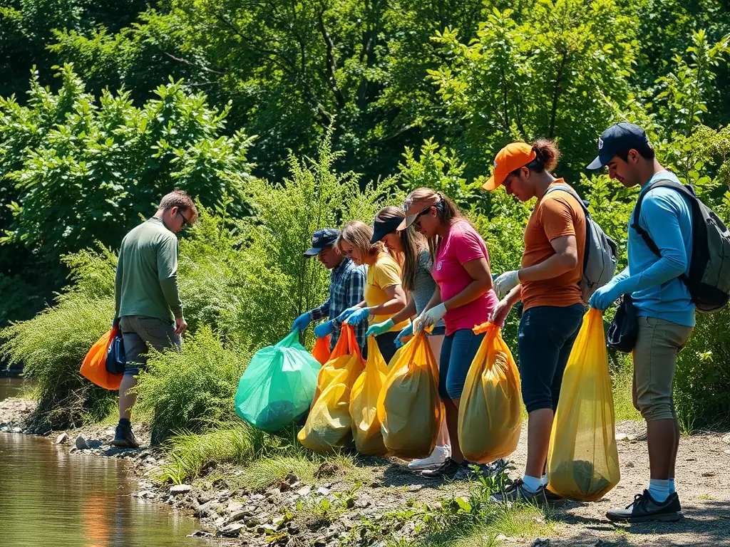 A photograph showcasing a group of volunteers participating in a river cleanup activity, removing debris and waste from the riverbank, with lush greenery in the background.