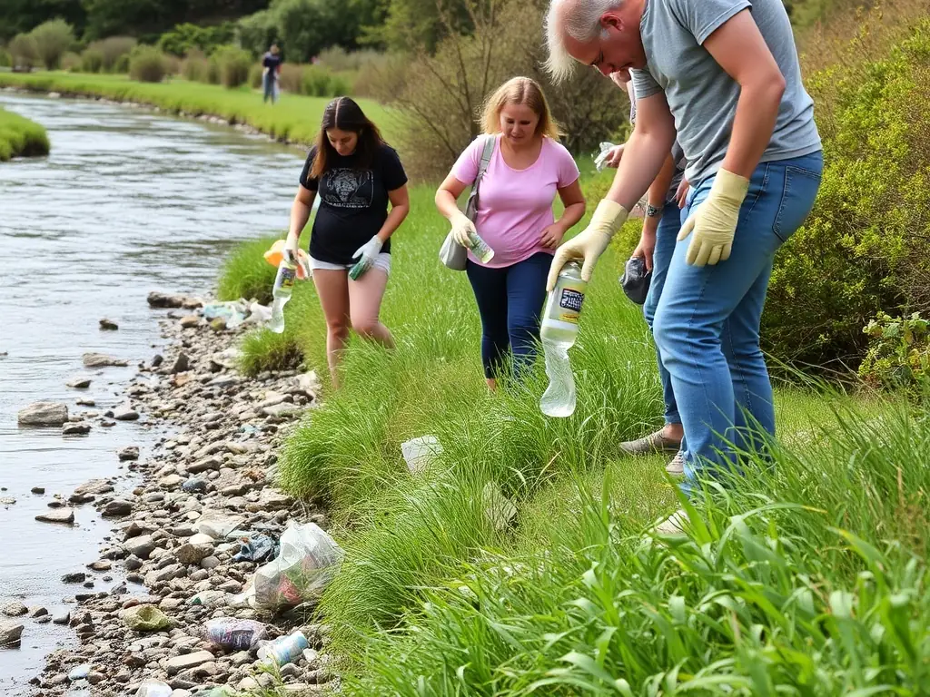 A vibrant image of a group of volunteers cleaning up a riverbank, highlighting the association's dedication to environmental protection.