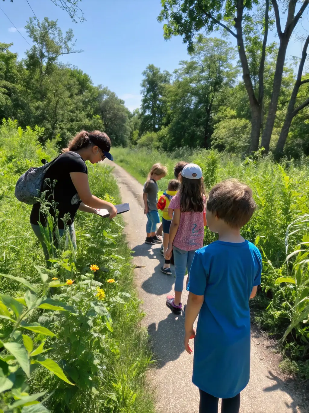 A picture of a group of children participating in a nature walk along a river, learning about aquatic plants and animals from a guide.