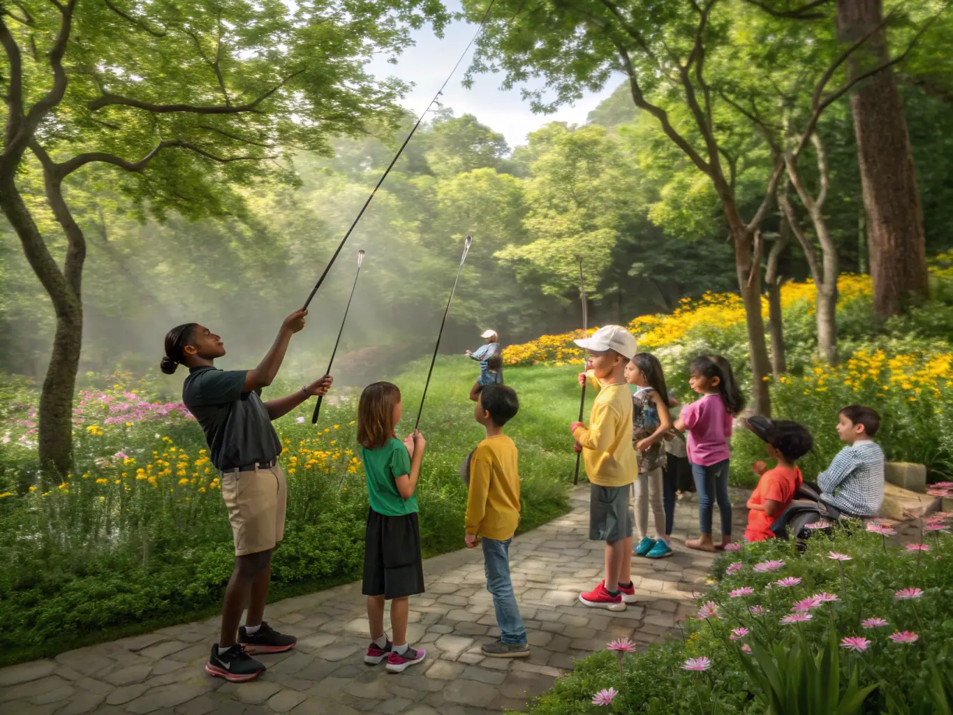 A photograph of children participating in a fishing education program, emphasizing the association's commitment to raising awareness among future generations.