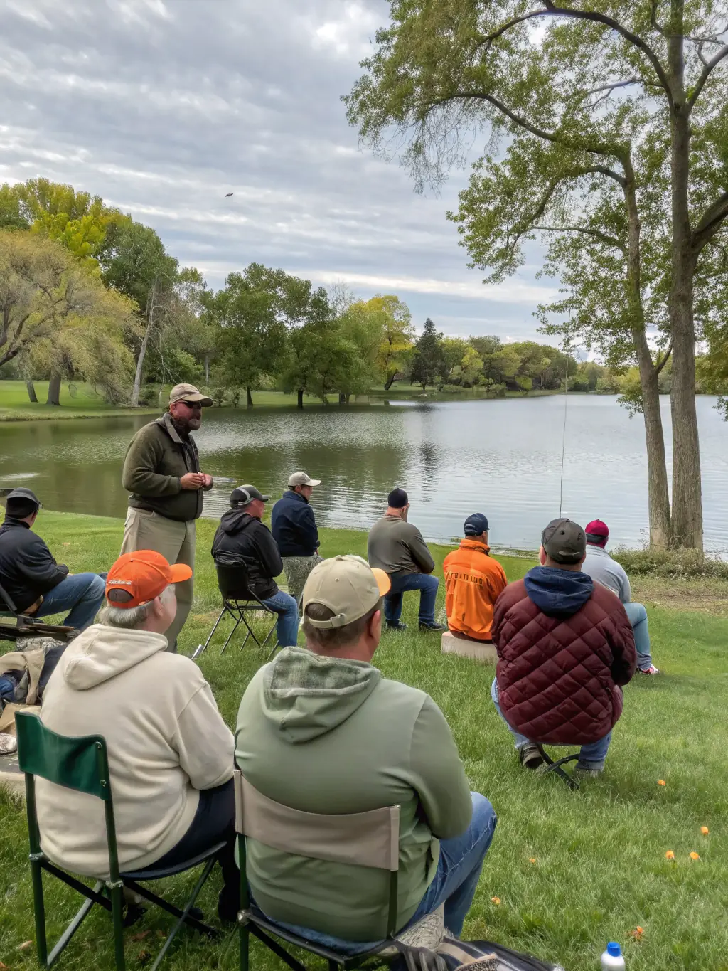 An image of a workshop where participants are learning about sustainable fishing techniques, with an instructor demonstrating proper catch-and-release methods.