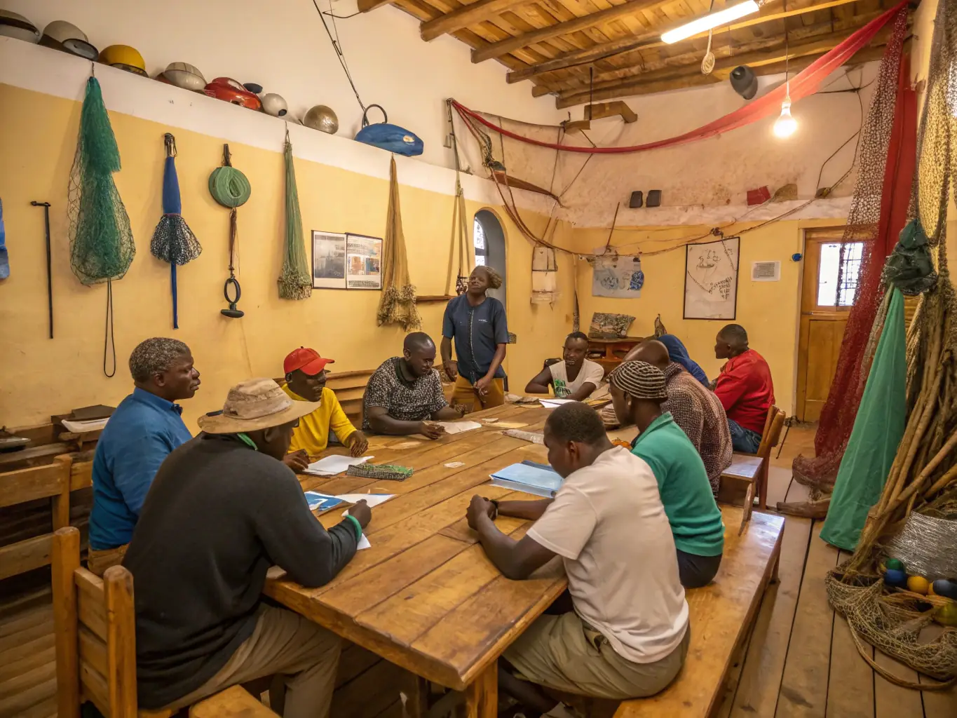 An image depicting a workshop session where experts are teaching children about responsible fishing practices and the importance of aquatic conservation.