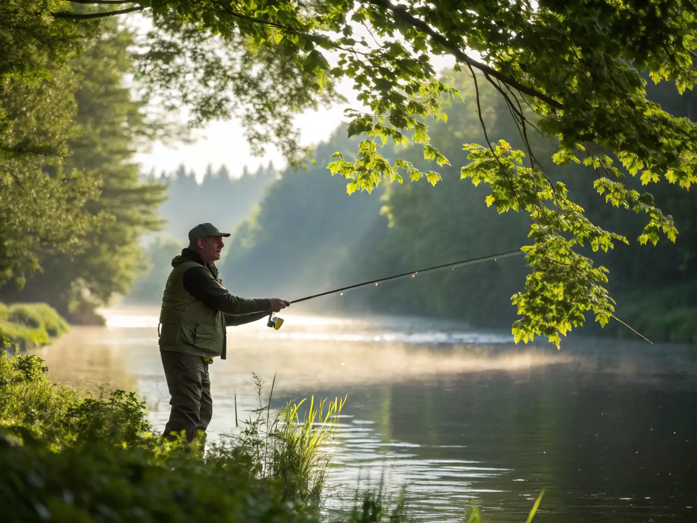 A scenic view of a river with anglers fishing responsibly, showcasing the association's commitment to sustainable fishing practices.