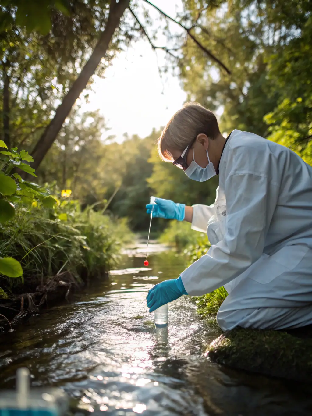 A photo of researchers collecting water samples from a stream, with scientific equipment visible, representing water quality monitoring efforts.