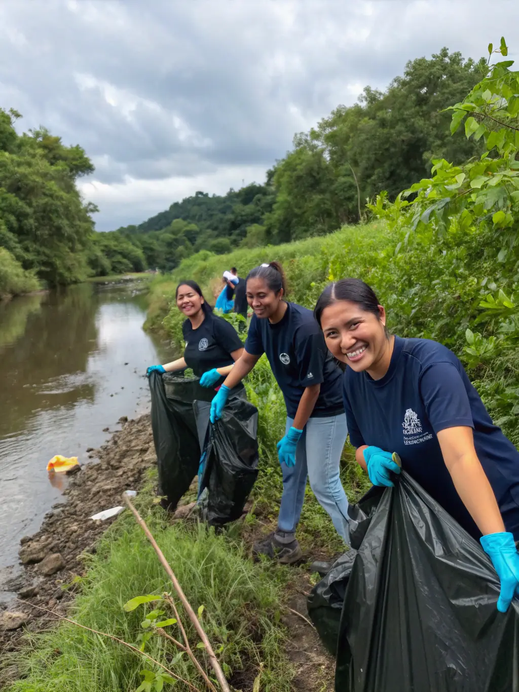 A photograph showcasing volunteers cleaning up a riverbank, removing litter and debris, with the river flowing gently in the background, symbolizing environmental protection efforts.
