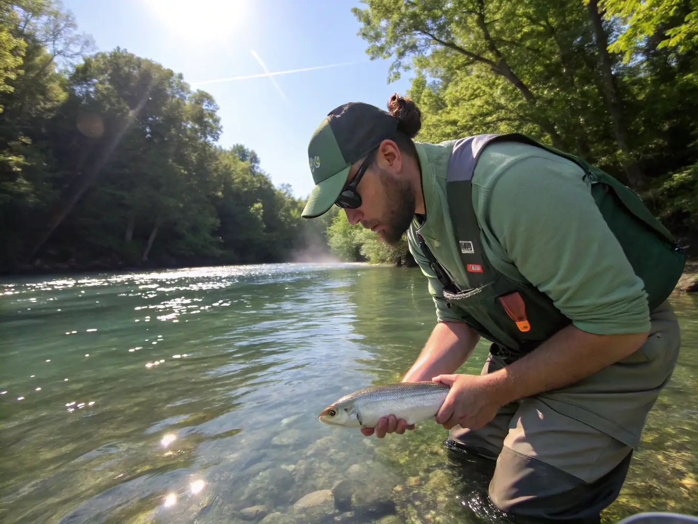 A scenic shot of a fish restocking activity, with volunteers releasing young fish into a clear, flowing river, surrounded by natural vegetation.