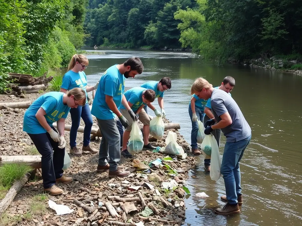 A vibrant image showcasing a group of volunteers participating in a river cleanup, removing debris and restoring the natural habitat along the riverbank. The scene should convey a sense of community involvement and environmental stewardship.